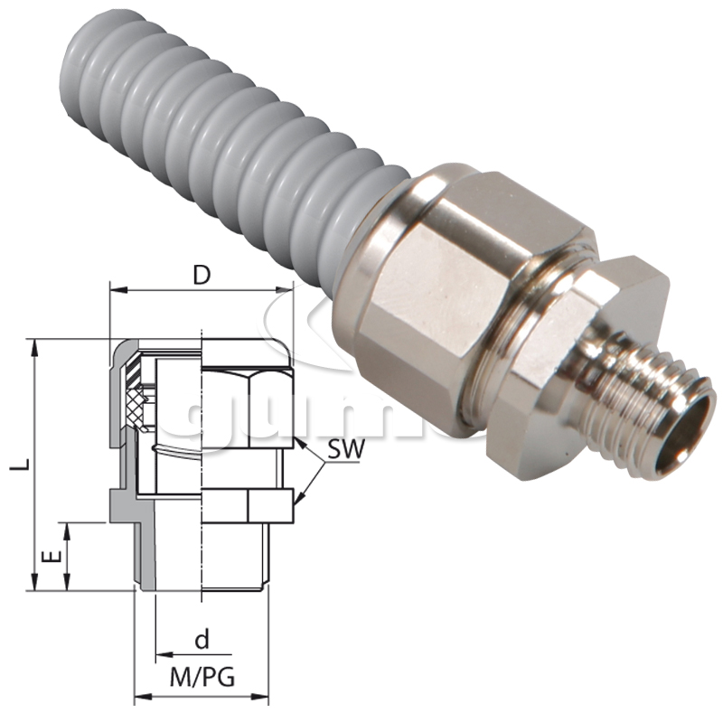 Verschraubung AU 159P, Außengewinde PG7, Terminalgröße 10mm, IP67, vernickeltes Messing, 